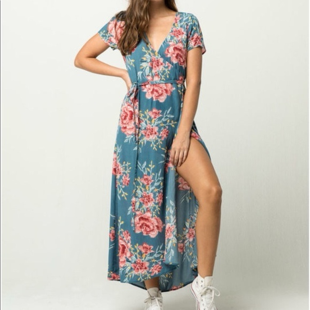 Dusty Blue Floral Boho Wrap Dress
